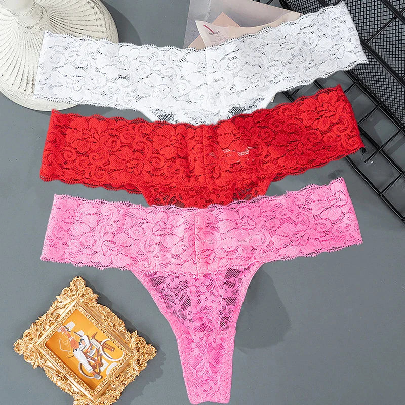 3PCS Lace Floral Women’s Panties - Low Waist Breathable Briefs & Thong, Sexy G-String Transparent Underwear (M-2XL)