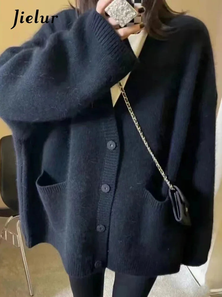 Korean Black V-Neck Knitted Cardigan – Single-Breasted Long Sleeve Loose Casual Women’s Sweater