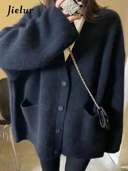 Korean Black V-Neck Knitted Cardigan – Single-Breasted Long Sleeve Loose Casual Women’s Sweater