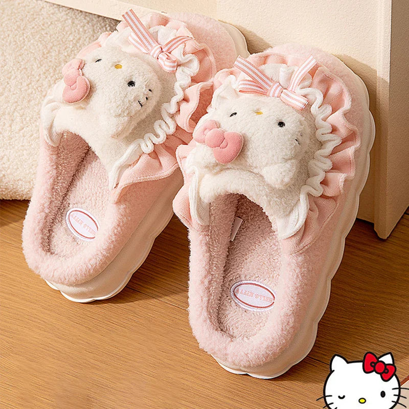 Sanrio Hello Kitty Fuzzy Slipper - Cartoon Kuromi, Cinnamoroll, Yk2 Winter Plush Non-Slip Slippers for Women and Girls, Cute Flat Shoes for Home