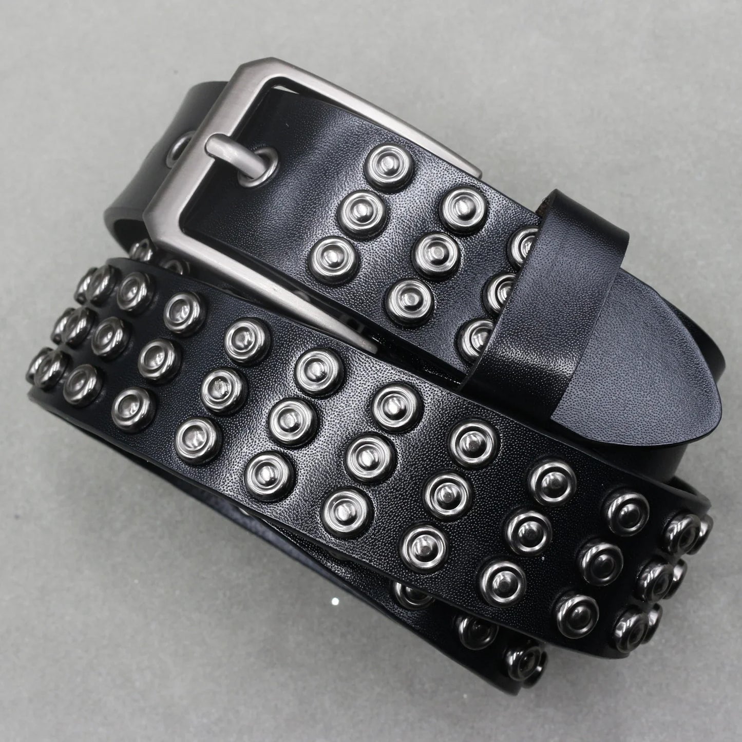Men’s Designer Rivet Belt – Genuine Cowhide Leather Punk Rock Pin Belt for Jeans, Luxury Black Leather Belt