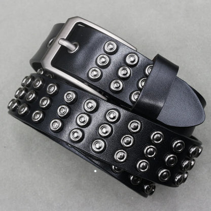 Men’s Designer Rivet Belt – Genuine Cowhide Leather Punk Rock Pin Belt for Jeans, Luxury Black Leather Belt