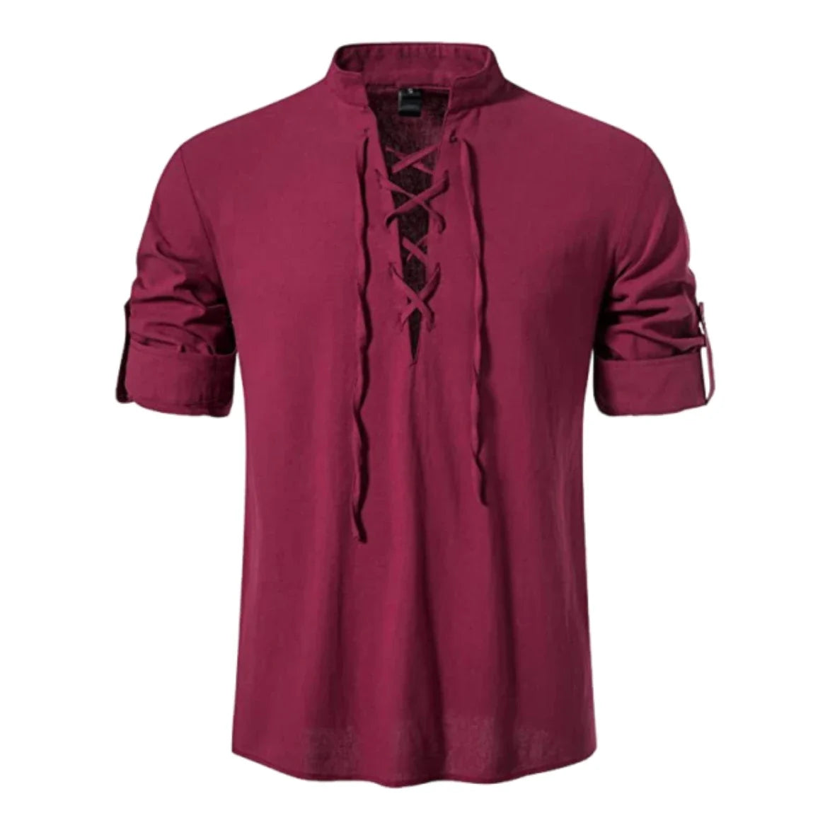 Men's Retro Linen Lace-Up Shirt - Long Sleeve Stand Collar Medieval Pirate Viking Renaissance Casual Top