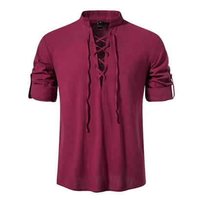Men's Retro Linen Lace-Up Shirt - Long Sleeve Stand Collar Medieval Pirate Viking Renaissance Casual Top