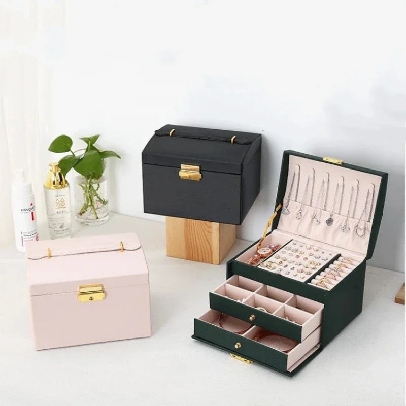 Multi-Functional Three-Layer Leather Jewelry Box – Drawer Style Organizer with Lock for Earrings