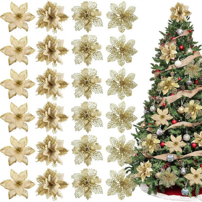 8/16PCS Glitter Artificial Christmas Flowers | Xmas Tree Decorations & Home Ornaments for 2025 New Year