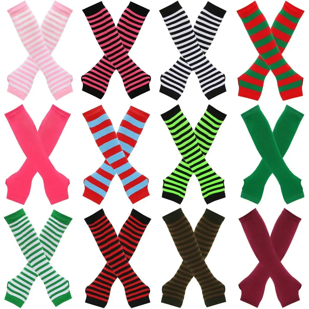 Warm Knitted Long Fingerless Gloves – Striped Elbow Mittens for Women, Fashion Christmas Gift