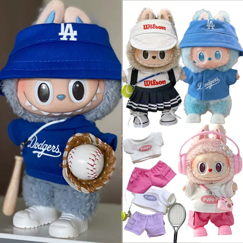 Labubu 15-17cm Doll Sports Outfit – LA Baseball & Trendy Tennis/Badminton Clothing, T-Shirt & Cargo Pants Set