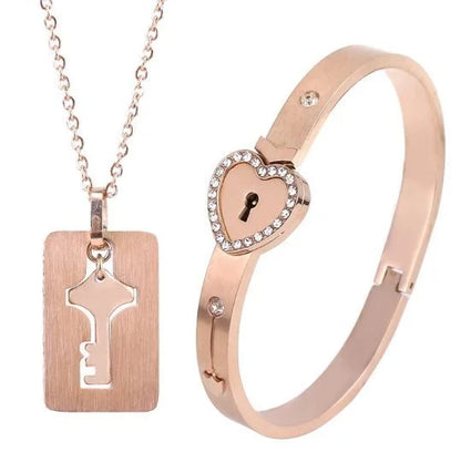 Couple Stainless Steel Love Lock Bracelet & Key Pendant Necklace – Romantic Jewelry Gift for Men and Women