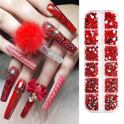 12-Grid 3D Glass AB Crystal Nail Art Rhinestones Kit – Flatback Round Beads with Tools for Nail Jewelry & Diamond Decoration