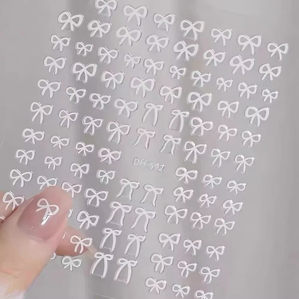 5D White Lace Bowknot Nail Art Stickers – Self-Adhesive Pearl Ribbon Luxury Nail Decals for DIY Manicure Decoration