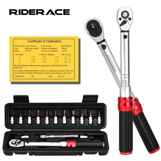 RIDERACE 15PCS Bicycle Torque Wrench Set | 1/4" 2-24Nm Dual Direction Allen Key & Socket Spanner Kit
