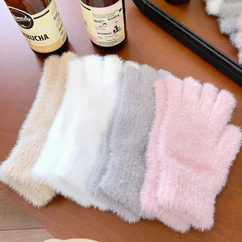 Fashion Winter Mink Velvet Gloves for Women - Plush Warm Cold-Proof Five Finger Mittens, Ideal for Outdoor Cycling in Solid Colors