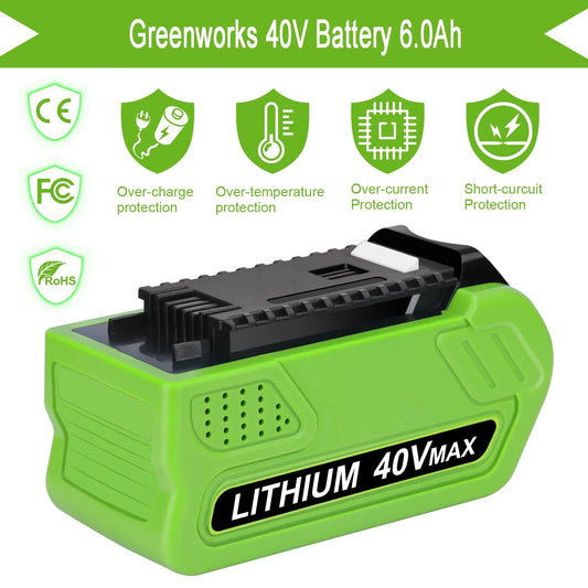 Greenworks 40V 6.0Ah G-MAX Li-Ion Battery – Compatible with 29472, 29462, 29252, 20202, 22262 Cordless Power Tools (Not Gen 1)