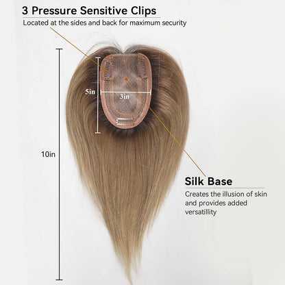 10" Brown Ombre Remy Human Hair Topper – Straight with Bangs, Silk Base, Clip-In Extension for Women