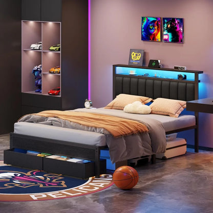 LED Bed Frame with Charging Station – Grey Upholstered Headboard with Shelves, Metal Platform Platform Bed with Custom Storage Design