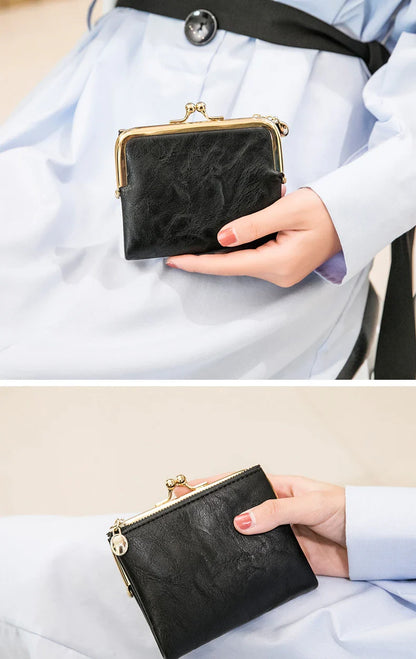 MIYIN Women’s Small Wallet – RFID Compact Bifold Leather Coin Purse with Zipper & Kiss Lock, Vintage Design