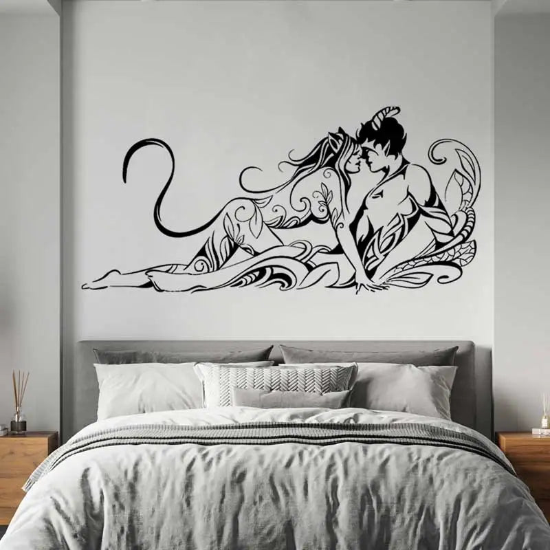 Woman Cat & Devil Couple Wall Sticker - Abstract Love Art Decor for Bedroom & Home