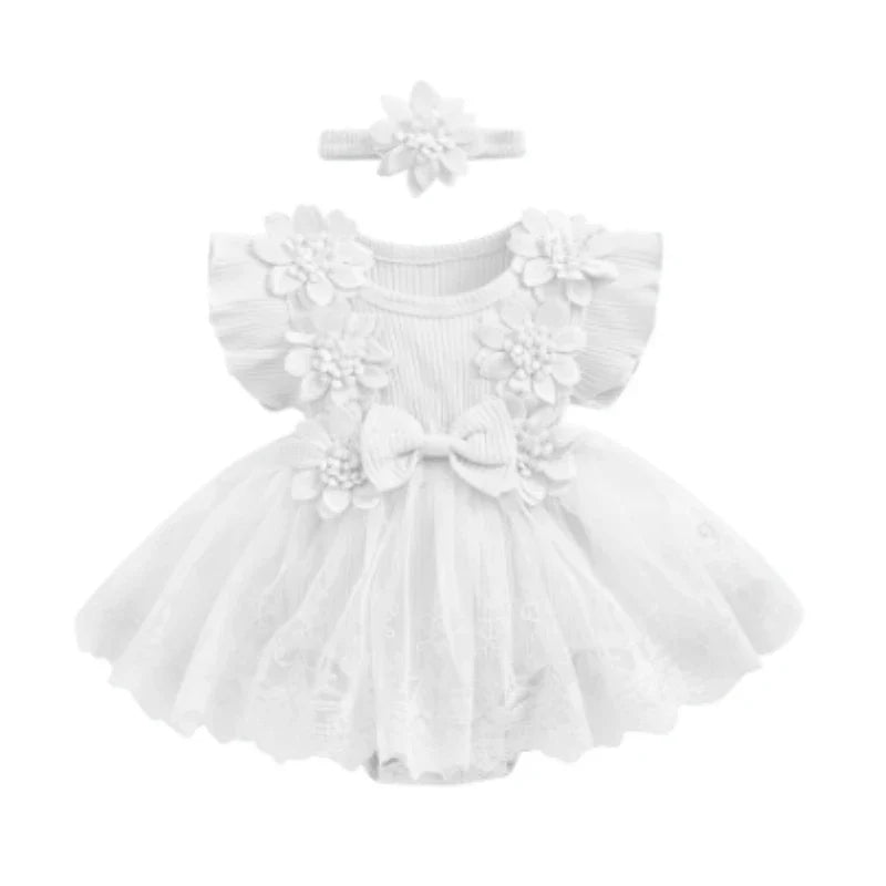 3D Flower Baby Girls’ Romper - Princess Mesh Lace Ruffle Bodysuit Dress with Headband