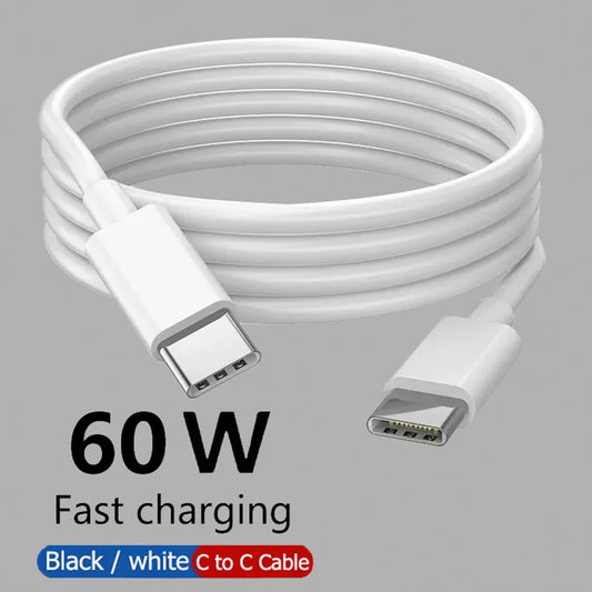 PD 60W USB-C to USB Type-C Fast Charge Data Cable – Compatible with iPhone 15, Huawei, Samsung, Xiaomi, 1M/2M/3M in Black & White