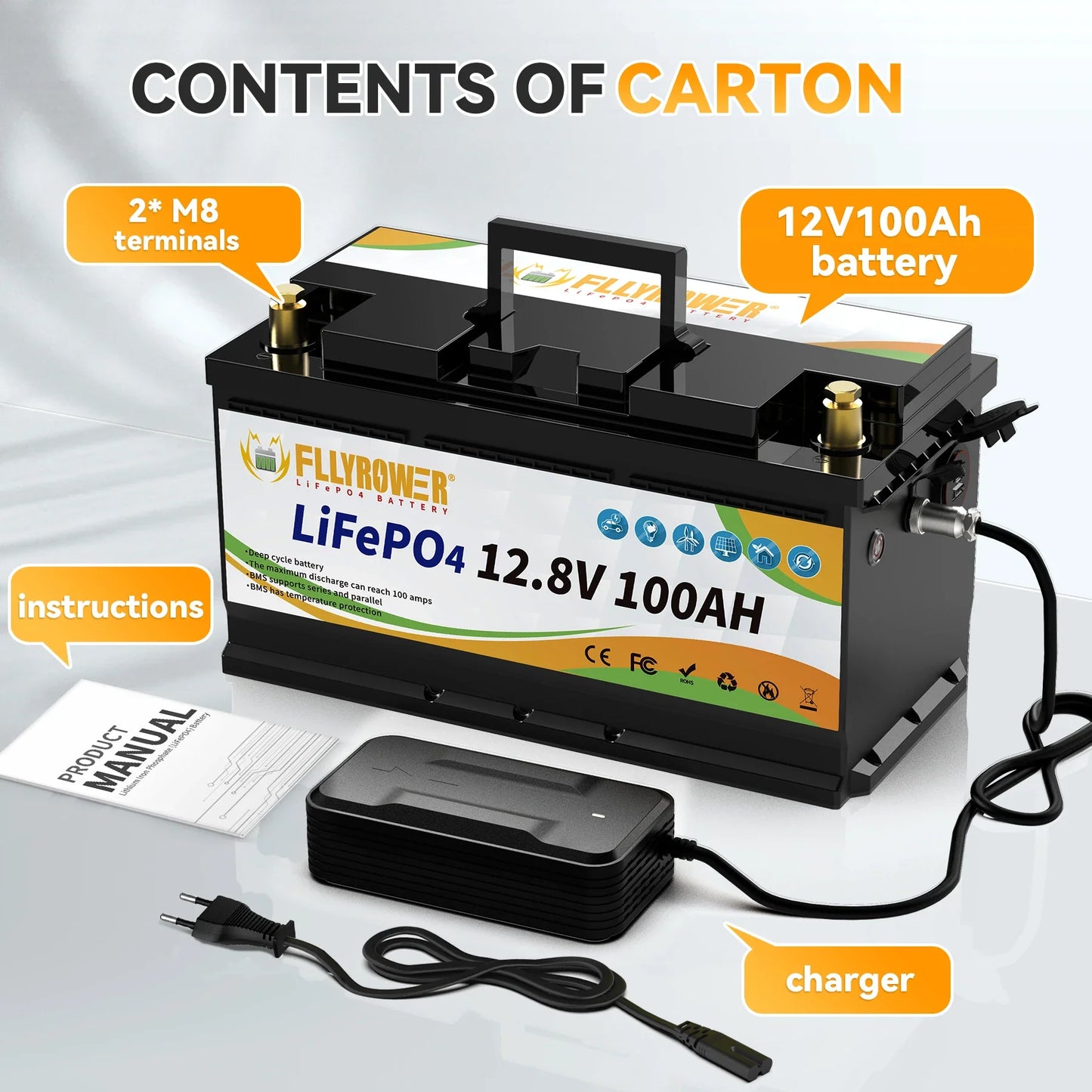 12V 100Ah LiFePO4 Battery Pack – 12.8V Lithium Iron Phosphate with 100A BMS for RV, Boat, Inverter, Solar & Wind Power Systems