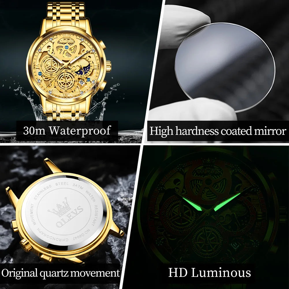 OLEVS Luxury Men's Quartz Watch – Gold Skeleton Style, Waterproof, 24-Hour Day/Night, Top Brand