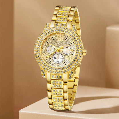 Women's Gold Quartz Watch Jewelry Set – Luxury Wristwatch with Ring, Necklace & Rhinestone Earrings