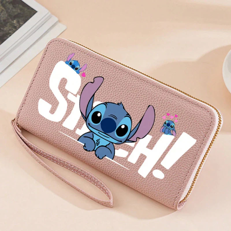 Stitch Long Zip Wallet for Women – Cute Cartoon Print with Wrist Strap, Soft Multi-Card Holder in 4 Colors