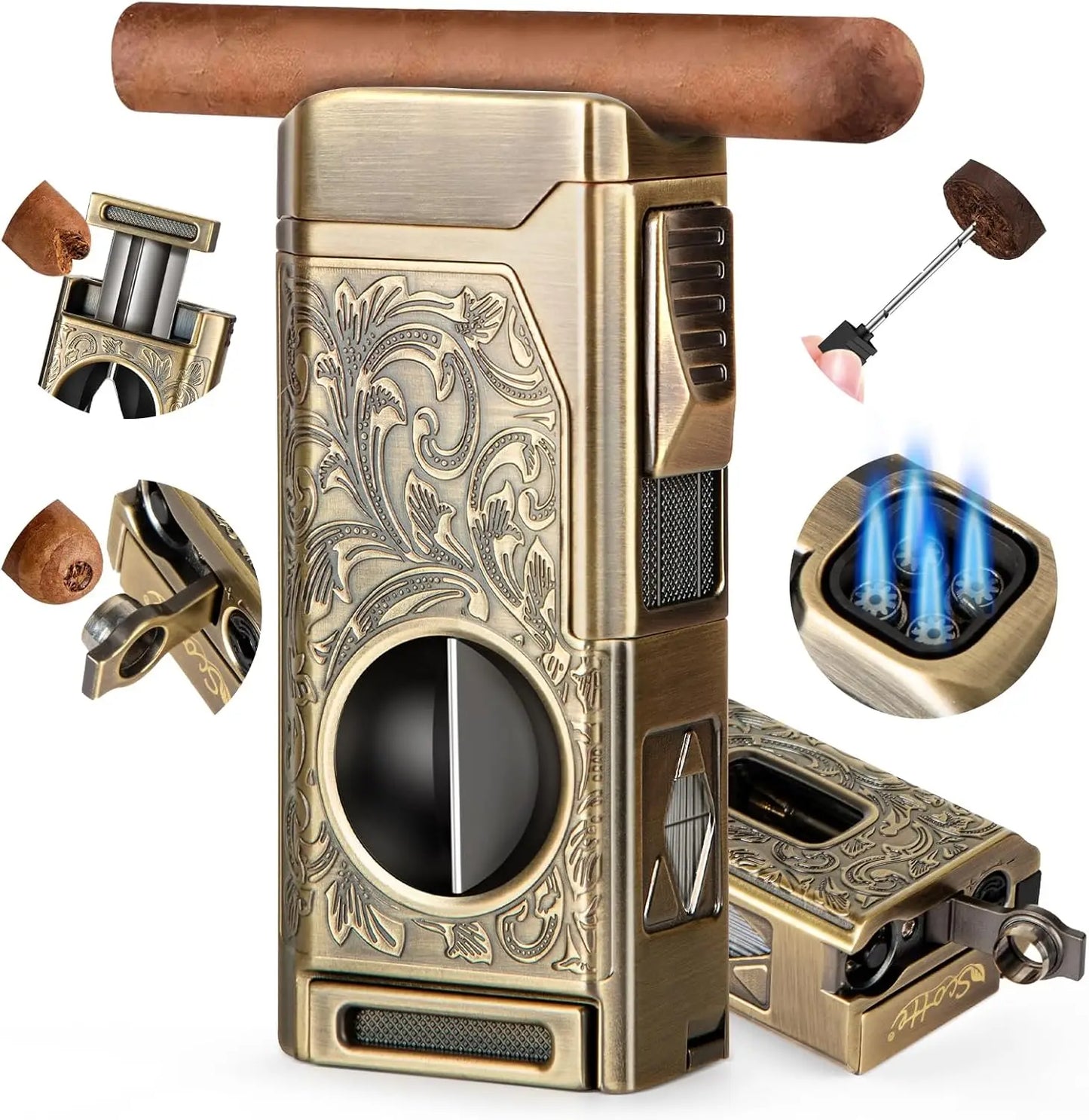 4 Jet Flame Cigar Lighter – Refillable Butane Lighter with V-Cut Cutter, Punch, Holder & Draw Enhancer