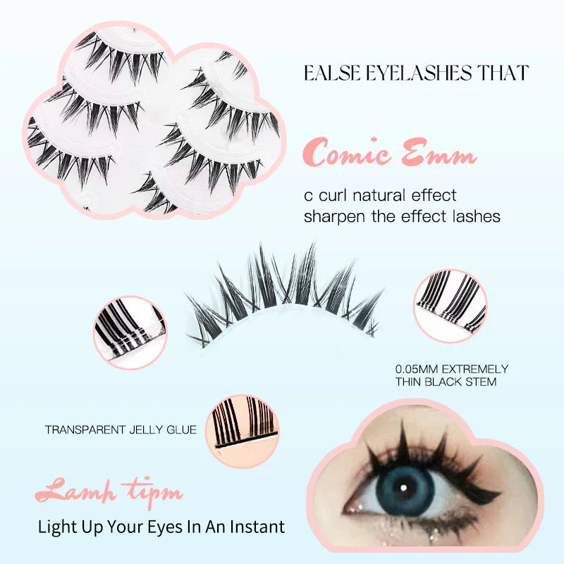 5 Pairs Manga False Eyelashes – Wispy Soft Cluster Lashes Natural Thick Clear Band Korean Anime Style Makeup Lashes