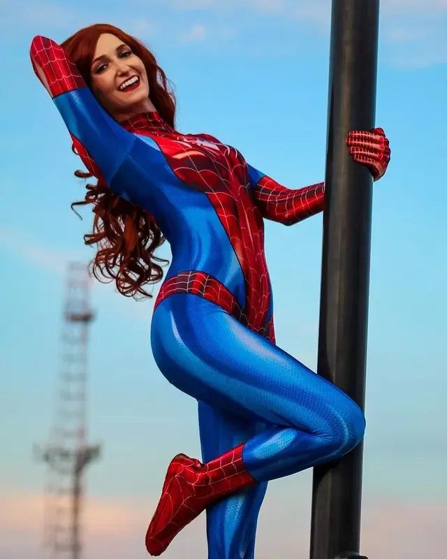 Adults Halloween MJ Spiderman Cosplay Costume — Female Mary Jane Watson Zentai Bodysuit Jumpsuit for Party