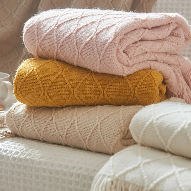 White Boho Throw Blanket – Textured Chunky Knitted Vintage Luxury Bedspread, Sofa Cover Manta Para Sofá