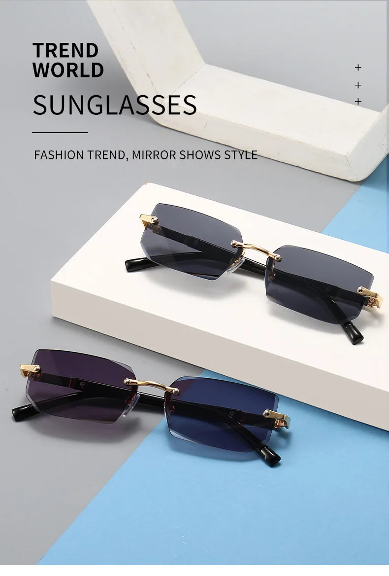 Rimless Rectangle Sunglasses — Fashion Small Square Shades for Men & Women, Summer Travel Eyewear