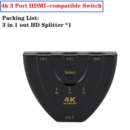 3x1 HDMI Switch 4K/1080P – 3 Input 1 Output Video Splitter Adapter Hub for Xbox, PS4, PC, Laptop & HDTV