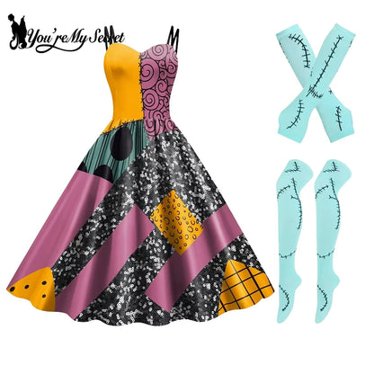 Sally Halloween Cosplay Dress Set - Long Sleeve Party Costume with Wig & Socks