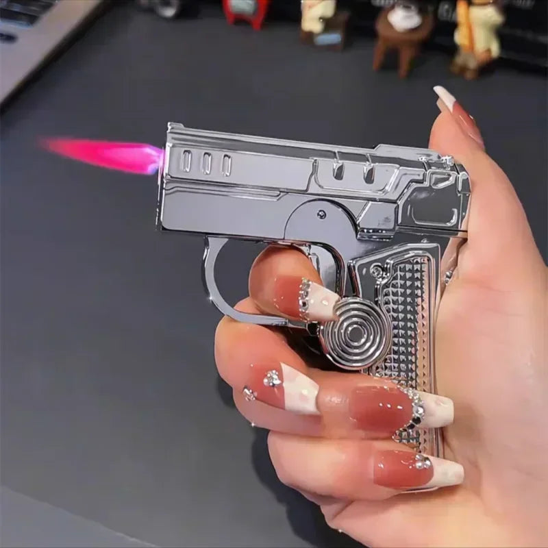 Folding Gun Style Lighter - Windproof Butane Jet Flame Metal Lighter with Laser