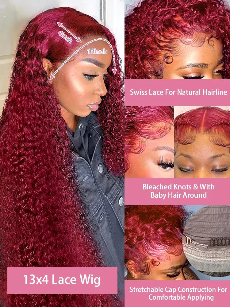99J Burgundy Deep Wave Lace Front Wig – High Density Curly Red 13x6 HD Transparent Frontal Human Hair