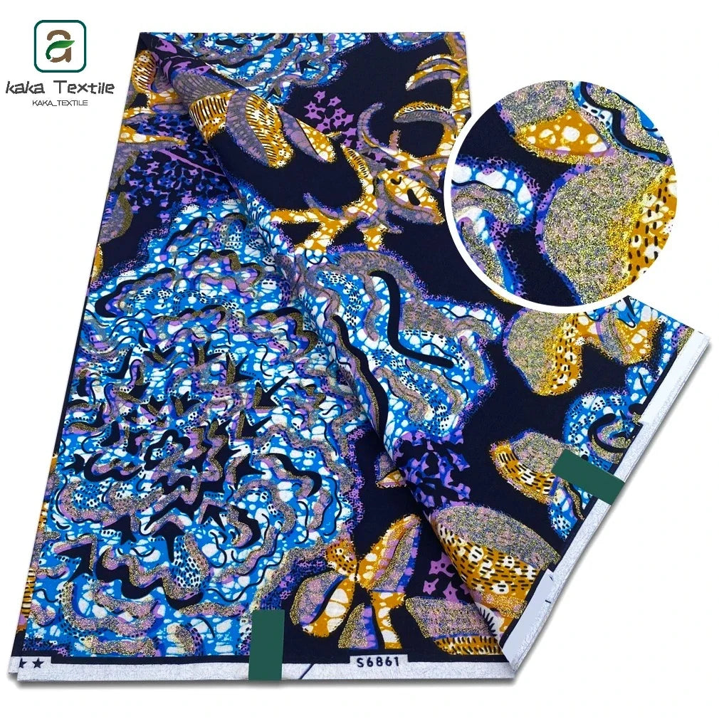 African Golden Glitter Wax Fabric - Soft Cotton Ankara Gold Print Batik 6 Yards