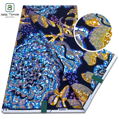 African Golden Glitter Wax Fabric - Soft Cotton Ankara Gold Print Batik 6 Yards