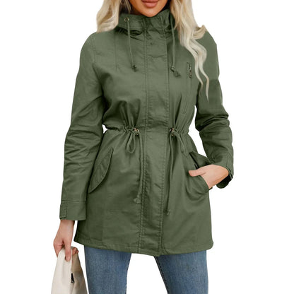 Women’s Hooded Trench Coat - Fitted Solid Color Jacket for Spring, Autumn & Outdoor Wear