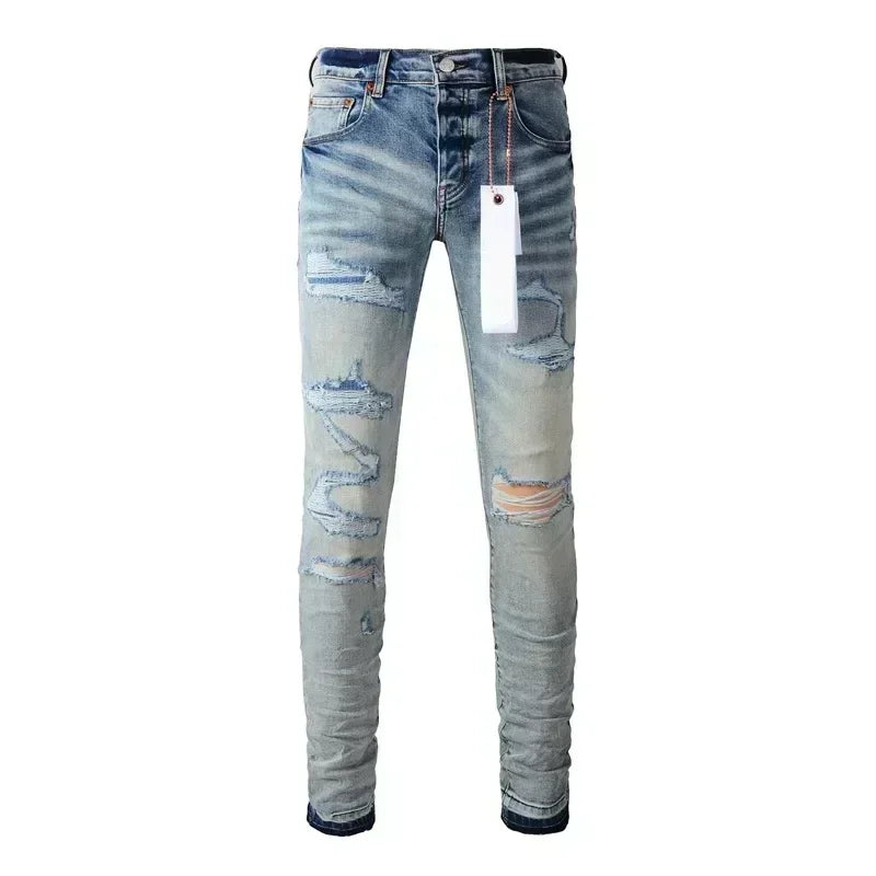 2025 Men’s High Street Ripped Skinny Jeans — Low Rise Blue Distressed Denim Fashion Repair Trousers 9003