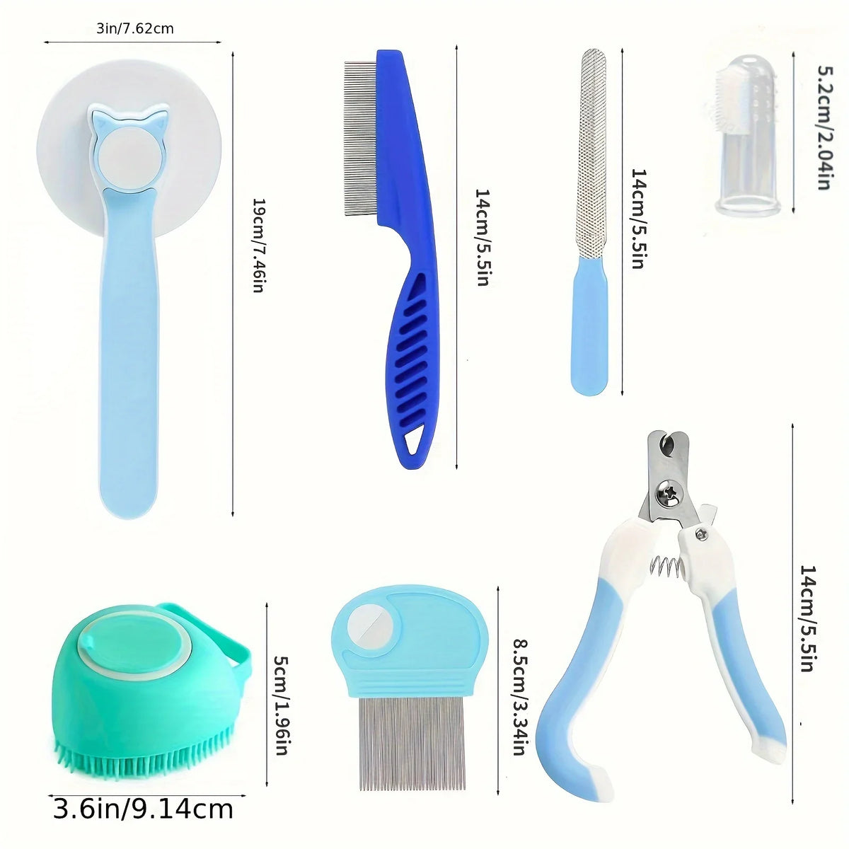 8Pcs Cat Grooming Kit – Flea Comb, Shedding Brush, Pet Shampoo Bath Brush & Silicone Toothbrush Set for Cats & Pets