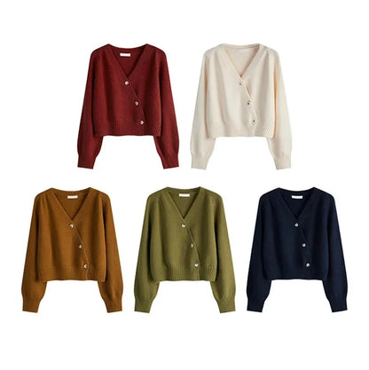 Korean Women's Autumn Winter Knitted Cardigan – Diagonal V-Neck Long Sleeve Single-Breasted Sweater