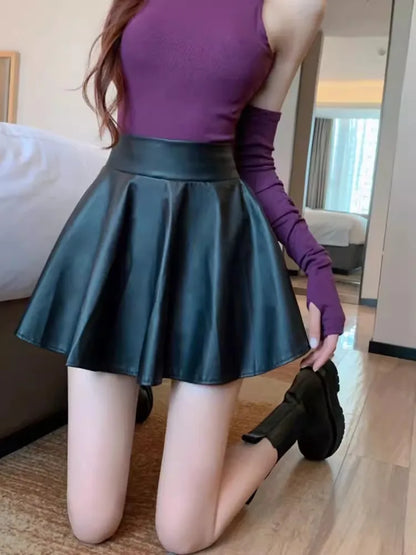 Women’s Multipurpose Mini Skirt — High Waist Faux Leather Skater Skirt, Elastic Short Skirt for Work & Nightclub
