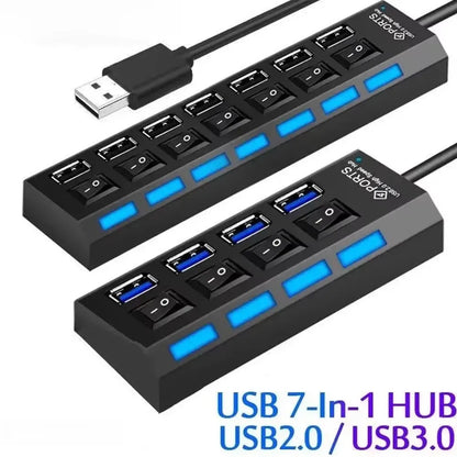 7-Port USB 2.0 Switch Extension Hub — One-to-Seven USB Splitter for PC, Laptop & Desktop