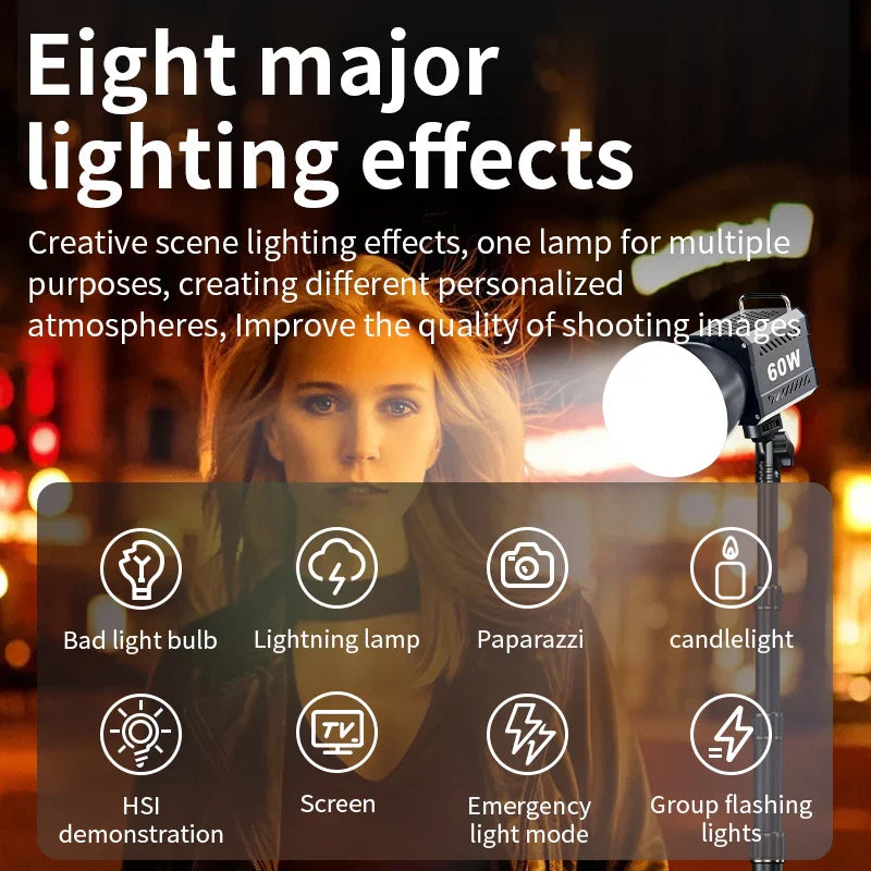 60W COB Video Light - CRI≥90, TLCI≥97, Dual Color Temperature 2700K-6500K, Portable Mini Bowens Live Lighting
