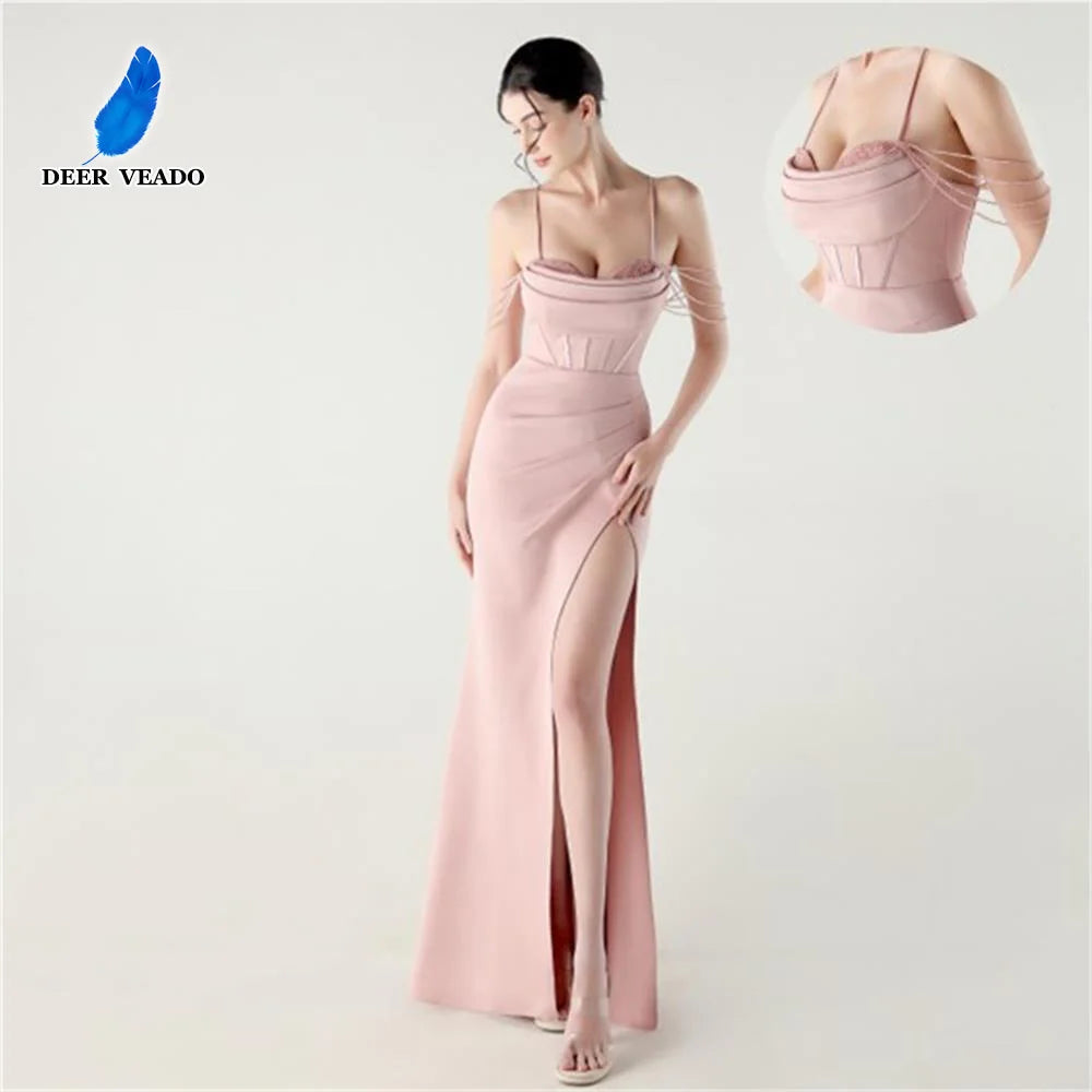 DEERVEADO Women’s Satin Strap Evening Dress — Beaded Sexy Mermaid Slit Long Formal Party Gown