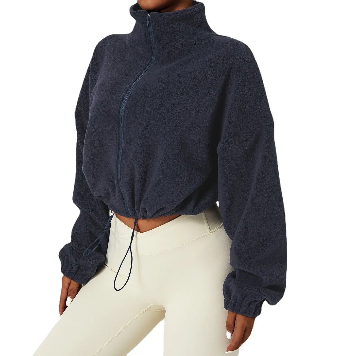 Women's Polar Fleece Zip Hoodie — Athletic Loose-Fit Crop Top with Stand Collar, Thumb Holes & Drawstring Hem for Fall/Winter