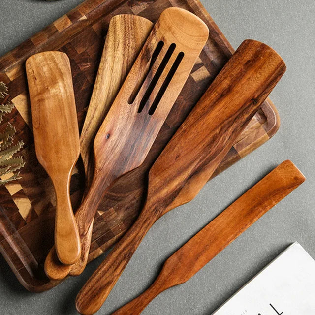 1–10PCS Teak Wooden Cooking Spoons – Smooth Non-Stick Wooden Utensils Set for Kitchen Cooking
