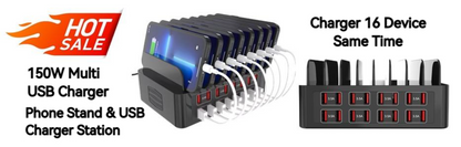 150W Universal Multi USB Fast Charger – 16-Port 3.5A Max Charging Station Stand for iPad, iPhone 14/13, Samsung S22, Xiaomi Tablet